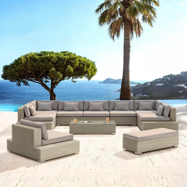 Salon de jardin en r�sine tress�e 9 places 9 pcs Palma Gris et taupe