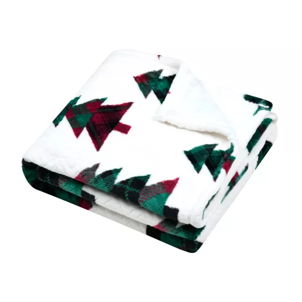 Plaid di Natale in flanella (130 x 160 cm) Foresta di abeti Bianco e verde