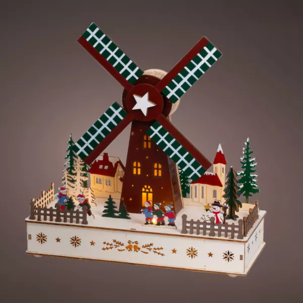 Villaggio di Natale in legno luminoso, animato e musicale a pile (H29 cm) Mulino a vento