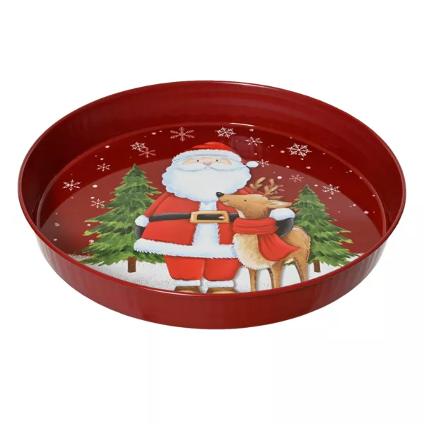 Dekorative runde Teller (D25 cm) Weihnachtsmann und sein Rentier Rot und Wei�