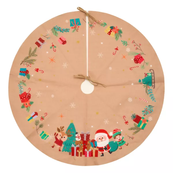 Tappeto per albero di Natale in juta (D90 cm) Elfo e Babbo Natale Multicolore