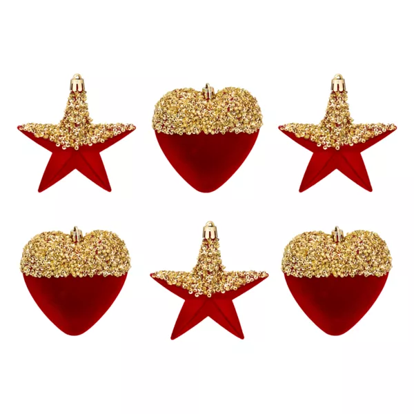 Conjunto de 6 adornos colgantes (H15 cm) Corazones y estrellas con purpurina Rojo y Oro