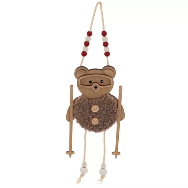 Weihnachtsanh�nger aus Holz (H16 cm) Skifahrender Teddyb�r Natur