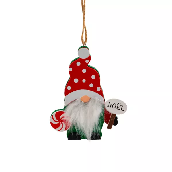 Adorno colgante de Navidad en madera (H11 cm) Duende con larga barba Blanca
