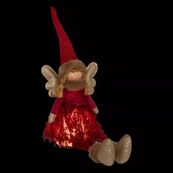 Beleuchteter Weihnachtsengel mit Batteriebetrieb (H55 cm) Mondlichtfee sitzend Rot