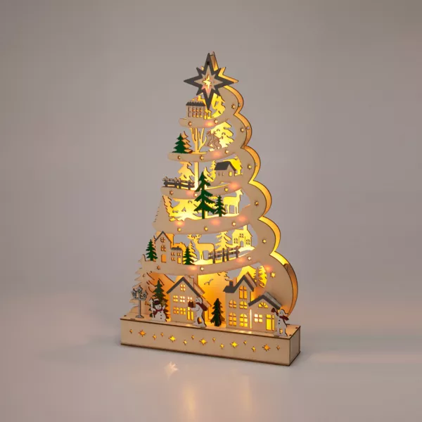 Sapin de No�l lumineux en bois 15 LED (H45 cm) Conte de Neige Naturel