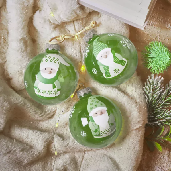 Lot de 12 boules de No�l en verre (D80 mm) Lutins joyeux Vert romarin