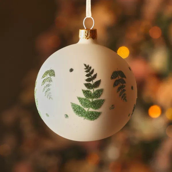 Set di 6 palline di Natale in vetro (D80 mm) Delicatezza Bianco lana e verde glitterato