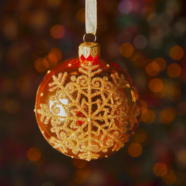 6er Set Weihnachtskugeln aus Glas (D80 mm) Glitzernder Schneeflocke Orange