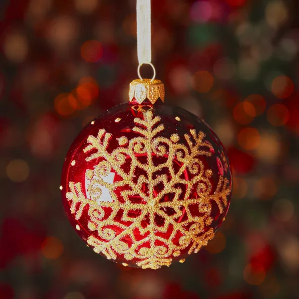 S�t med 6 julekugler i glas (D80 mm) Glitrende snefnug Bordeaux