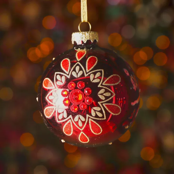 Set von 3 Weihnachtskugeln aus Glas (D80 mm) Folk Flower Rot