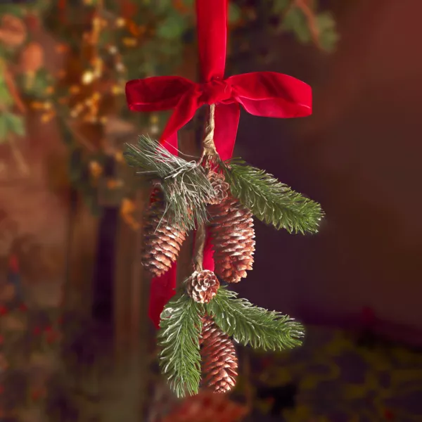 Decorazione sospesa (H26 cm) Pigna e Fiocco in velluto Rosso
