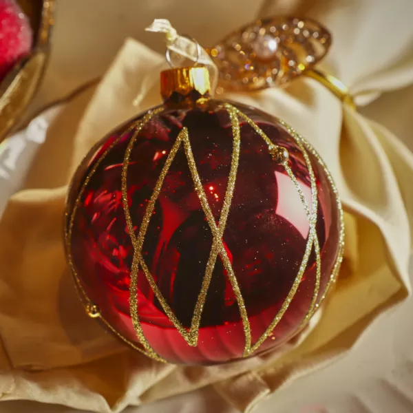 Lot de 6 boules de No�l en verre (D80 mm) Prestige Bordeaux paillet� or