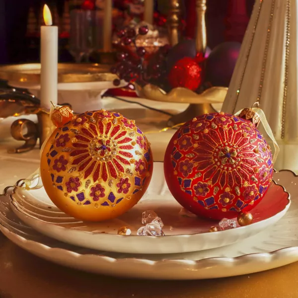 Lote de 6 bolas de Navidad de vidrio (D80 mm) Copos de nieve de Laponia Rojo y oro