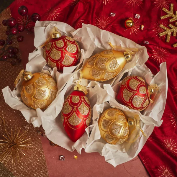 Lote de 12 bolas de Navidad de vidrio (D80 mm) Barroco Rojo y oro