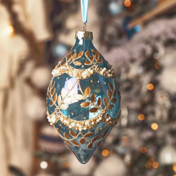 Lot de 2 suspensions de No�l en verre (H14 cm) Feuillages d'hiver Bleu