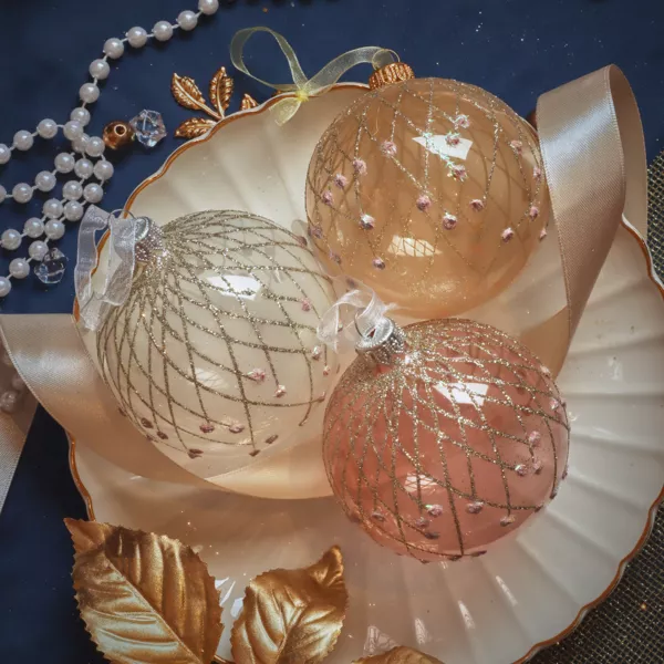 Lot de 6 boules de No�l en verre (D80 mm) Vintage Reno Rose et perle