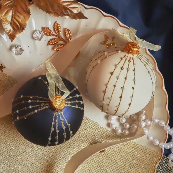 Lot de 6 boules de No�l en verre (D80 mm) Christmas night Blanc laine et bleu nuit