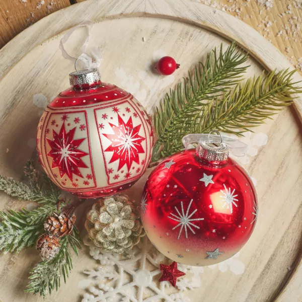 Set von 12 Weihnachtskugeln aus Glas (D80 mm) Meribel Rot mit silbernen Glitzer