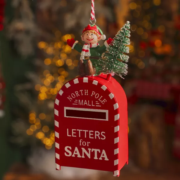 Decorazione natalizia sospesa in metallo (H10 cm) Casetta e sci Rosso