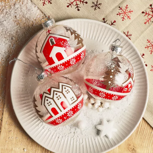 Lote de 12 bolas de Navidad de vidrio (D80 mm) Pueblos nevados Rojo y blanco