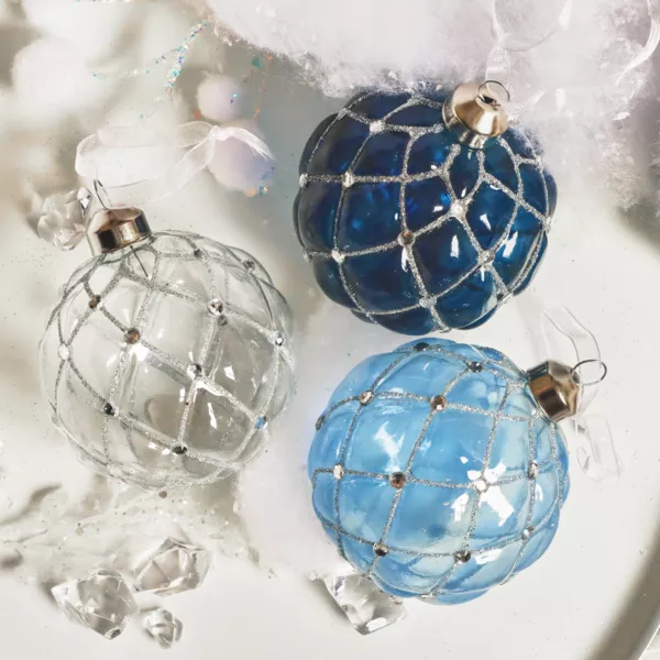 S�t med 12 glaskugler til jul (D80 mm) Majestic Bl� og gennemsigtig