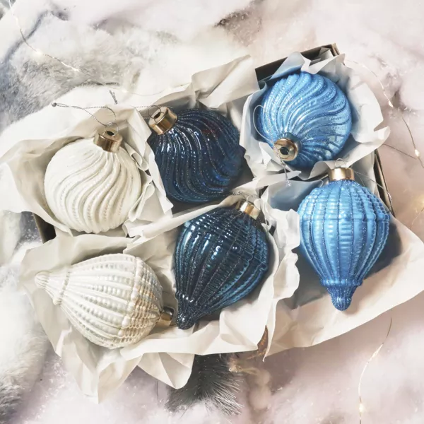 Lot de 12 boules de No�l en verre (D80 mm) Torsades Bleu et blanc