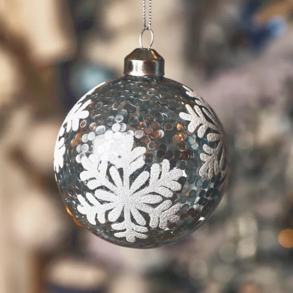 Set von 3 Weihnachtskugeln aus Glas (D80 mm) Schneeflocken und Pailletten Silber