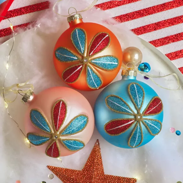 Lote de 12 bolas de Navidad de vidrio (D80 mm) Pétalos brillantes Multicolor