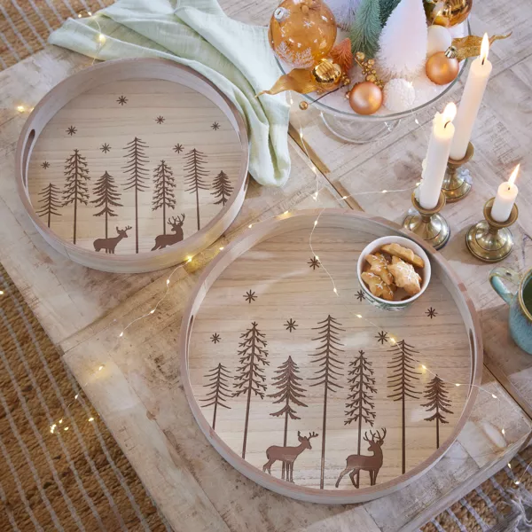 Set van 2 houten ronde dienbladen (D34-D29 cm) Kerstbomen