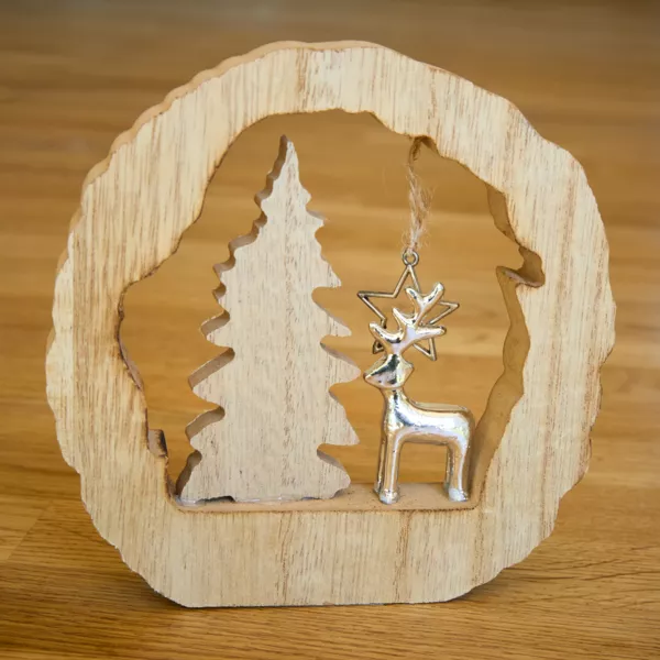 Decorazione in legno (H14 cm) Renna e albero Legno biondo