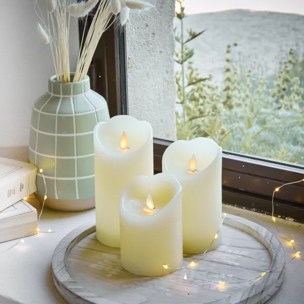 Set di 3 candele LED tremolanti (D7,5 cm) Cera naturale Crema
