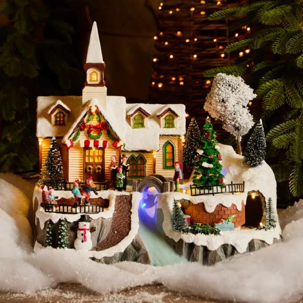 Beleuchtetes, animiertes und musikalisches Weihnachtsdorf (H33 cm) Kirche und S�nger