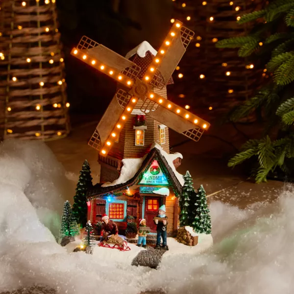 Beleuchtetes, animiertes und musikalisches Weihnachtsdorf (H34 cm) Mühle und Kinder
