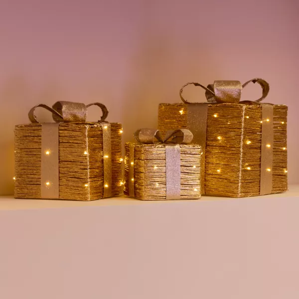 Lot de 3 cadeaux lumineux � piles 30 LED (H30 cm) Westfield Or et Blanc chaud