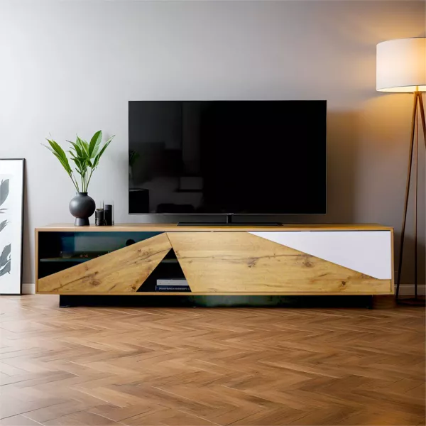 Mobile TV in legno design (L180 x 40 cm) Alabama Bianco, nero e naturale
