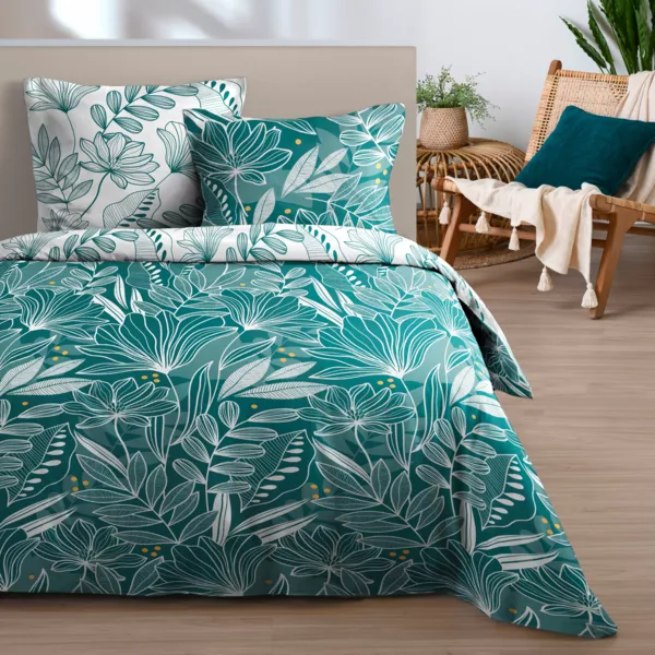 Funda de edred�n y dos fundas de almohada de algod�n (240 x 220 cm) Douala Azul petr�leo