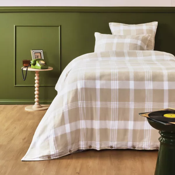 Housse de couette flanelle de coton (140 x 200 cm) Nina carreaux Beige