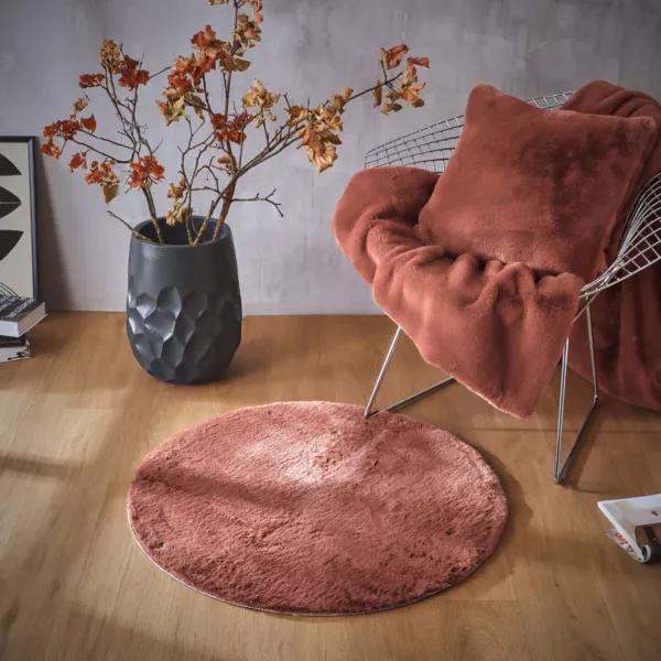 Rundt falsk pels t�ppe (80 cm) Finn Terracotta