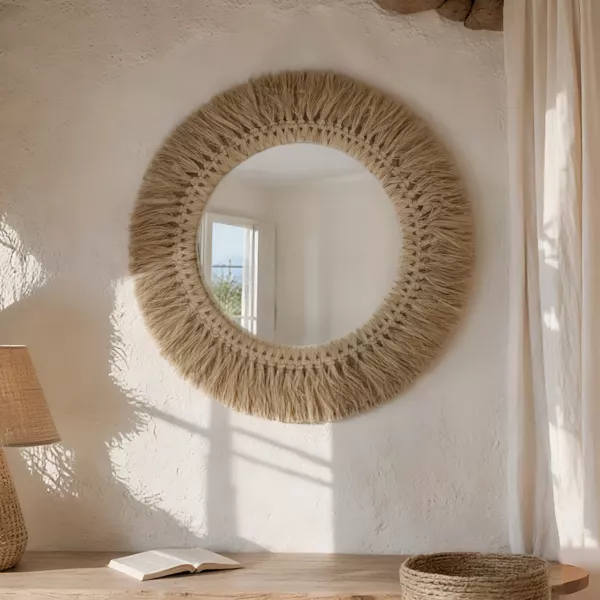 Espejo de pared redondo en fibras naturales (D50 cm) Makira Beige
