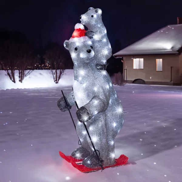 Ours polaires lumineux 100 LED (H69 cm) Grizzly en ski Gris et blanc froid