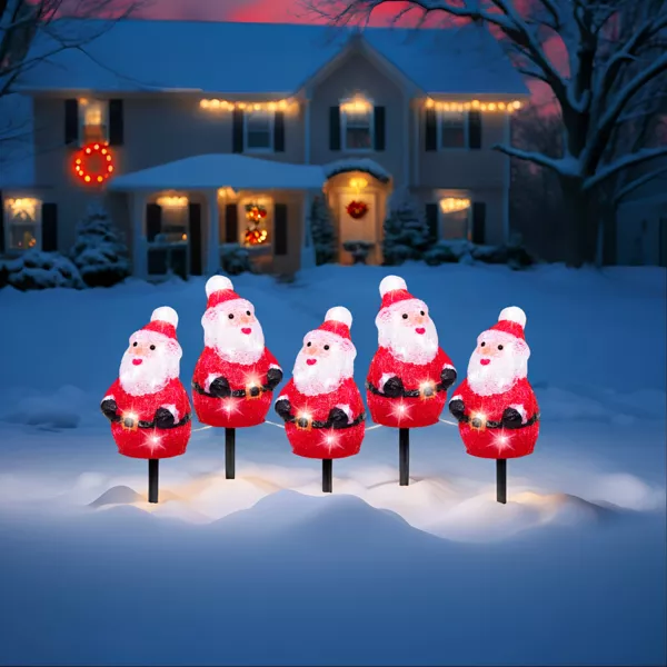 Set van 5 lichtgevende tuinprikkers 100 LED (H20 cm) Kerstman Koud Wit