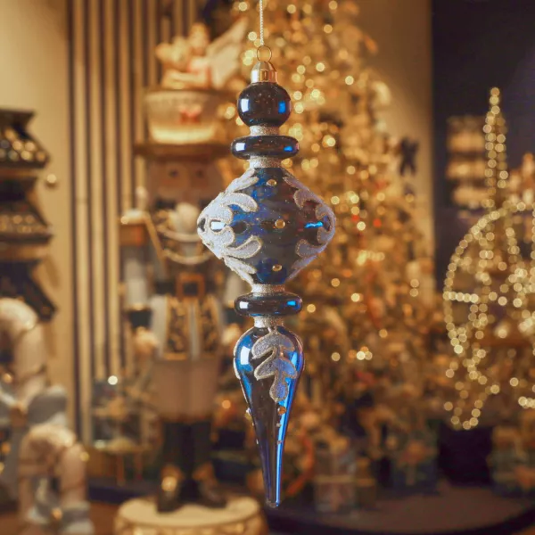 Lote de 2 adornos de Navidad de vidrio (H24 cm) Reflejo de Medianoche Azul