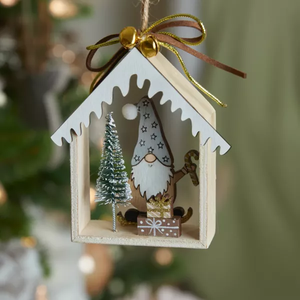 Adorno de Navidad de madera (H11 cm) Casa de Papá Noel Gris