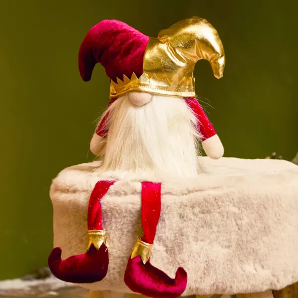 Jule-nisse med fleksible ben (H39 cm) Harlekin Bordeaux og guld