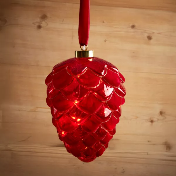 Suspension lumineuse � piles 15 LED (D15 cm) Pomme de pin de Venezia Rouge