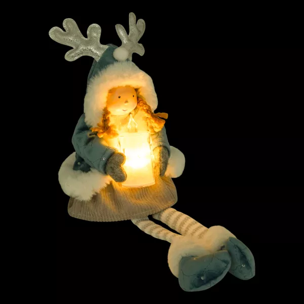 Beleuchtete sitzende Puppe (H41 cm) Alice und Kerze Himmelblau