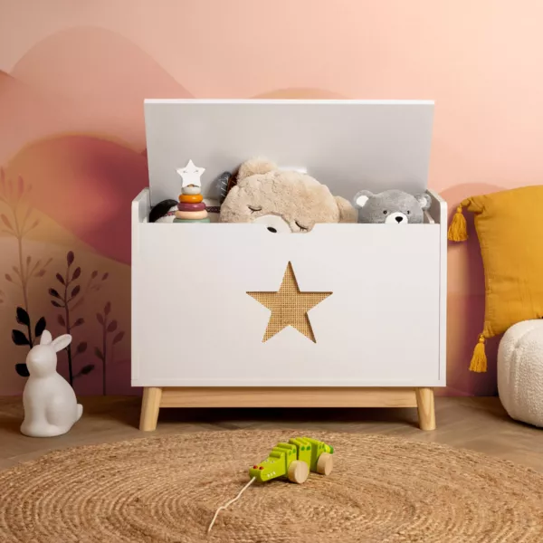 Ba�l para juguetes con tapa de madera para ni�os (H51 cm) Stars Blanco