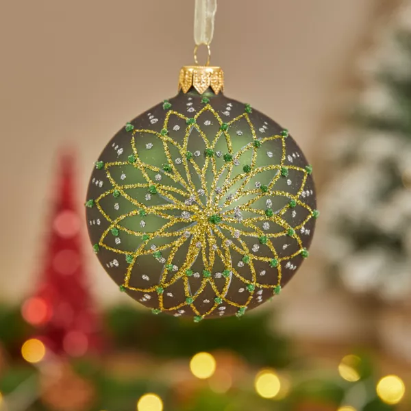 6er set Weihnachtskugeln aus Glas (D80 mm) Pailleten & Strass Tannengrün