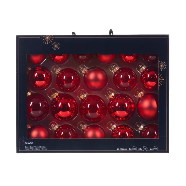 S�t med 21 assorterede r�de krystalglas julekugler